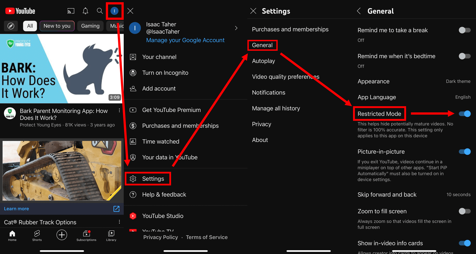 Screenshots showing how to set up Restricted Mode. YouTube Parental Controls and Set-up for Every Device